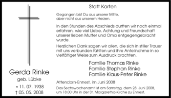 Traueranzeige von Gerda Rinke von Tageszeitung