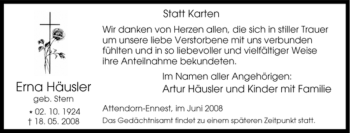 Traueranzeige von Erna Häusler von Tageszeitung