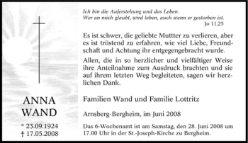 Traueranzeige von Anna Wand von Tageszeitung
