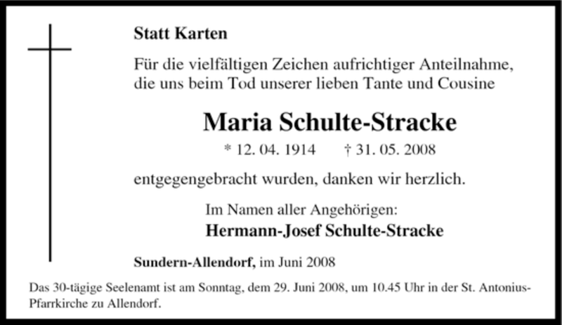  Traueranzeige für Maria Schulte-Stracke vom 21.06.2008 aus Tageszeitung
