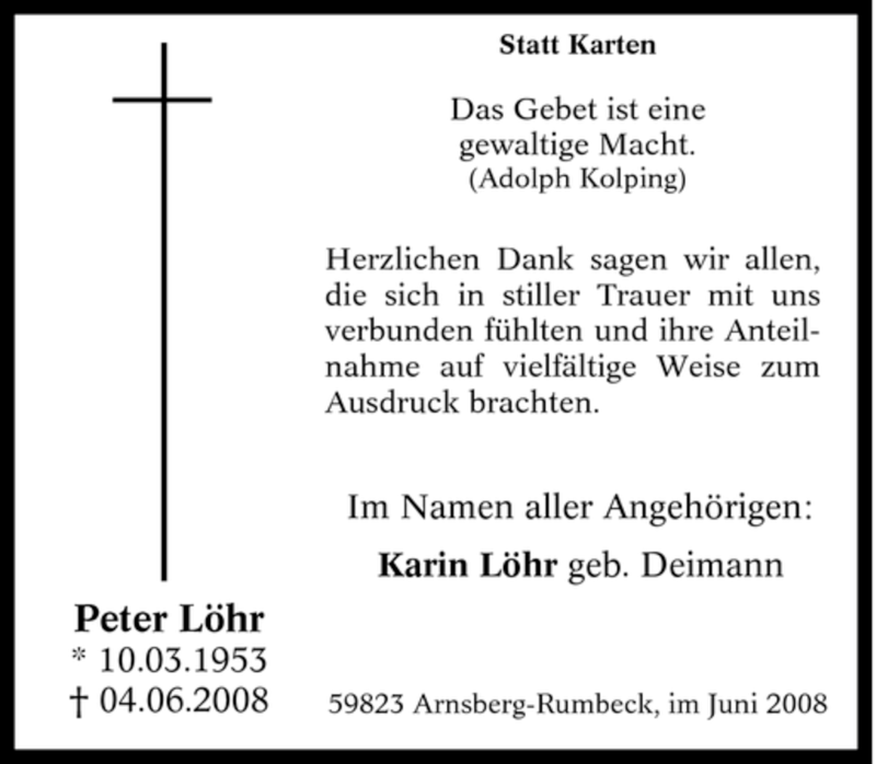  Traueranzeige für Peter Löhr vom 21.06.2008 aus Tageszeitung