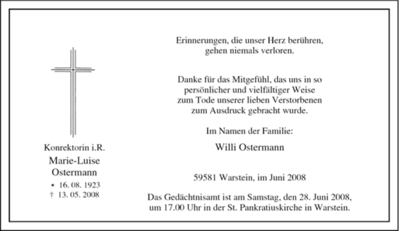  Traueranzeige für Marie-Luise Ostermann vom 21.06.2008 aus Tageszeitung