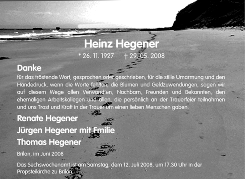  Traueranzeige für Heinz Hegener vom 21.06.2008 aus Tageszeitung