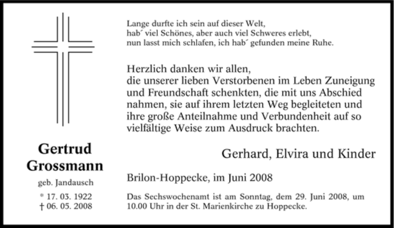  Traueranzeige für Gertrud Grossmann vom 21.06.2008 aus Tageszeitung