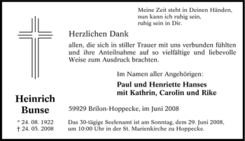 Traueranzeige von Heinrich Bunse von Tageszeitung