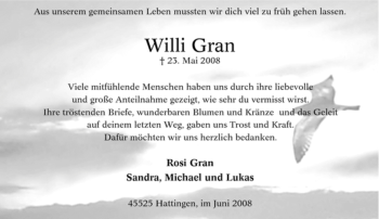 Traueranzeige von Willi Gran von Tageszeitung