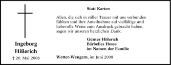 Traueranzeige von Ingeborg Hißerich von Tageszeitung