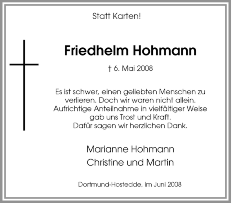  Traueranzeige für Friedhelm Hohmann vom 21.06.2008 aus Tageszeitung