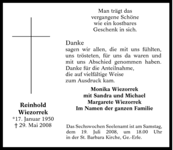 Traueranzeige von Reinhold Wiezorrek von Tageszeitung