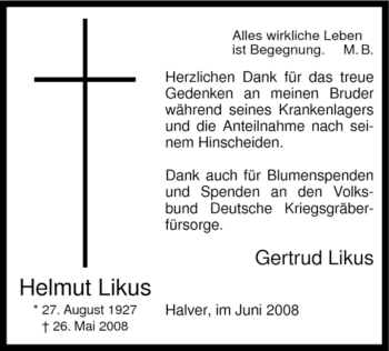 Traueranzeige von Helmut Likus von Tageszeitung