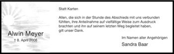 Traueranzeige von Alwin Meyer von Tageszeitung