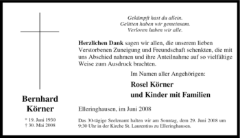 Traueranzeige von Bernhard Körner von Tageszeitung