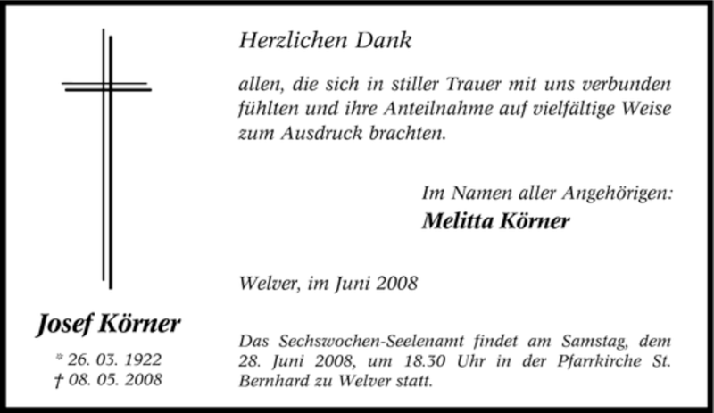  Traueranzeige für Josef Körner vom 24.06.2008 aus Tageszeitung