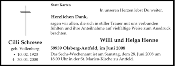 Traueranzeige von Cilli Schrewe von Tageszeitung