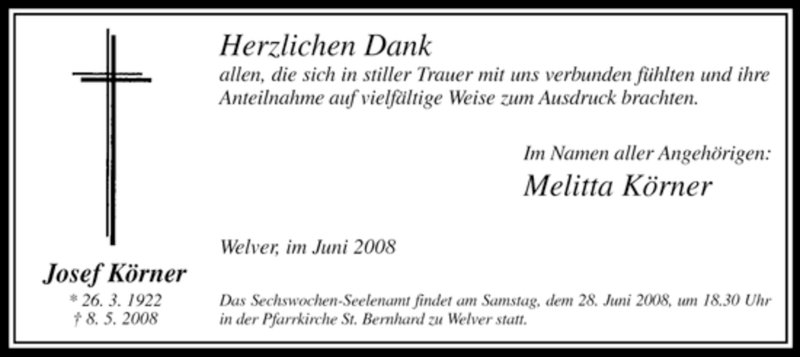  Traueranzeige für Josef Körner vom 24.06.2008 aus Tageszeitung