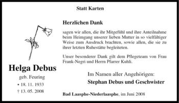Traueranzeige von Helga Debus von Tageszeitung