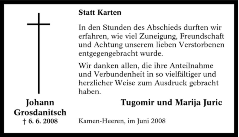  Traueranzeige für Johann Grosdanitsch vom 25.06.2008 aus Tageszeitung