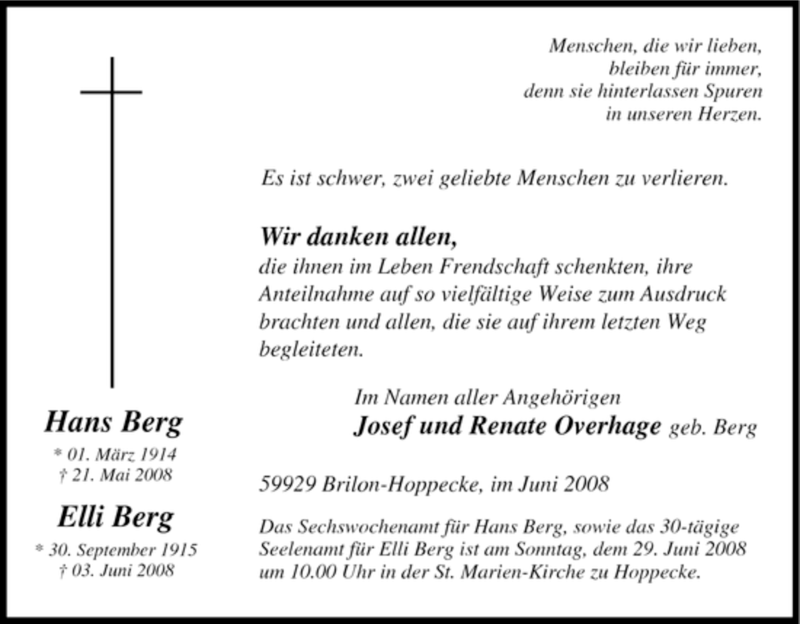  Traueranzeige für Elli und Hans Berg vom 25.06.2008 aus Tageszeitung