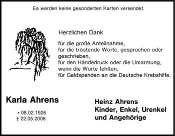 Traueranzeige von Karla Ahrens von Tageszeitung