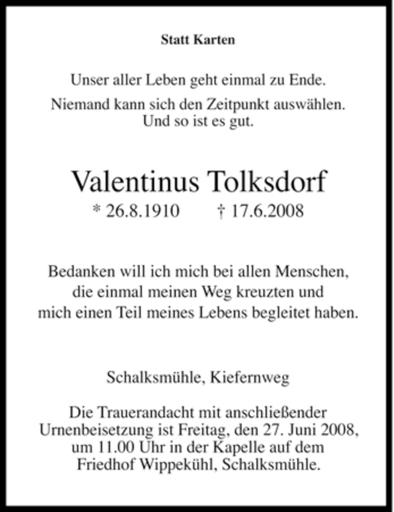  Traueranzeige für Valentinus Tolksdorf vom 25.06.2008 aus Tageszeitung