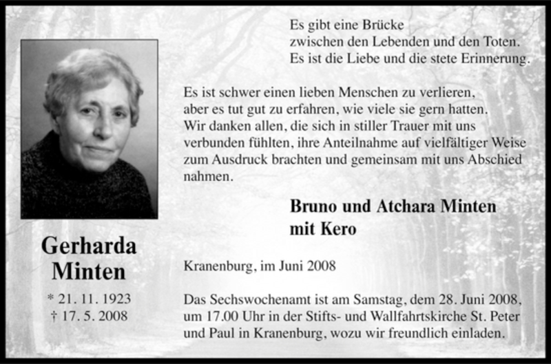  Traueranzeige für Gerharda Minten vom 26.06.2008 aus Tageszeitung