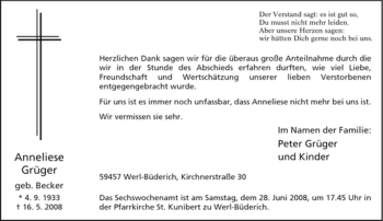 Traueranzeige von Anneliese Grüger von Tageszeitung