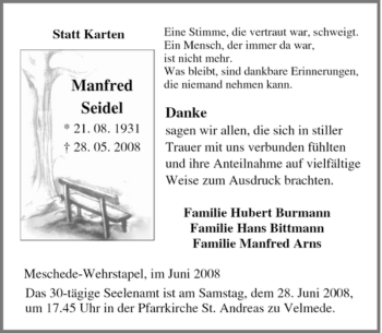 Traueranzeige von Manfred Seidel von Tageszeitung