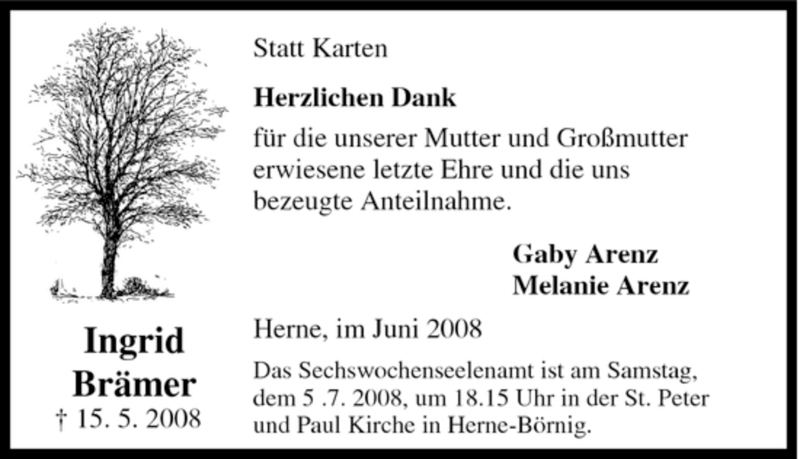  Traueranzeige für Ingrid Brämer vom 28.06.2008 aus Tageszeitung
