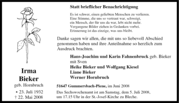 Traueranzeige von Irma Bieker von Tageszeitung