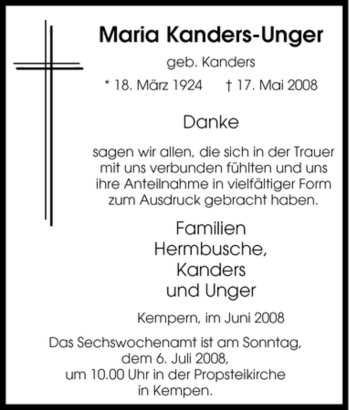 Traueranzeige von Maria Kanders-Unger von Tageszeitung