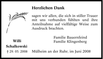 Traueranzeige von Willi Schalkowski von Tageszeitung