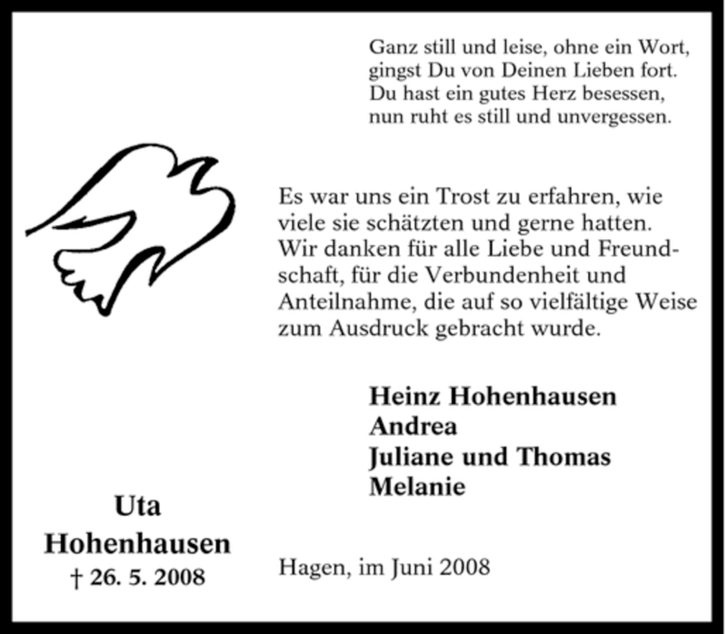  Traueranzeige für Uta Hohenhausen vom 28.06.2008 aus Tageszeitung