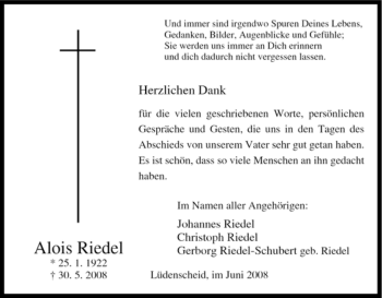Traueranzeige von Alois Riedel von Tageszeitung