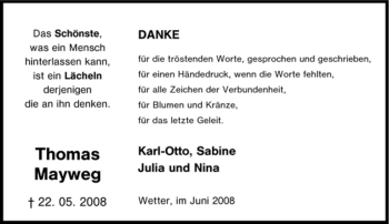 Traueranzeige von Thomas Mayweg von Tageszeitung