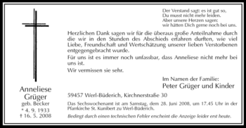 Traueranzeige von Anneliese Grüger von Tageszeitung