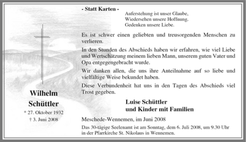  Traueranzeige für Wilhelm Schüttler vom 30.06.2008 aus Tageszeitung