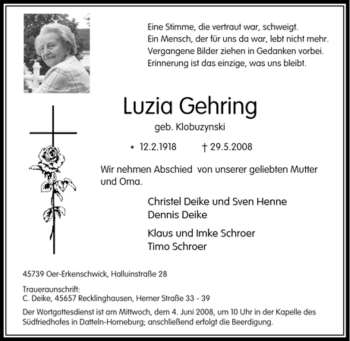 Traueranzeige von Luzia Gehring von Tageszeitung