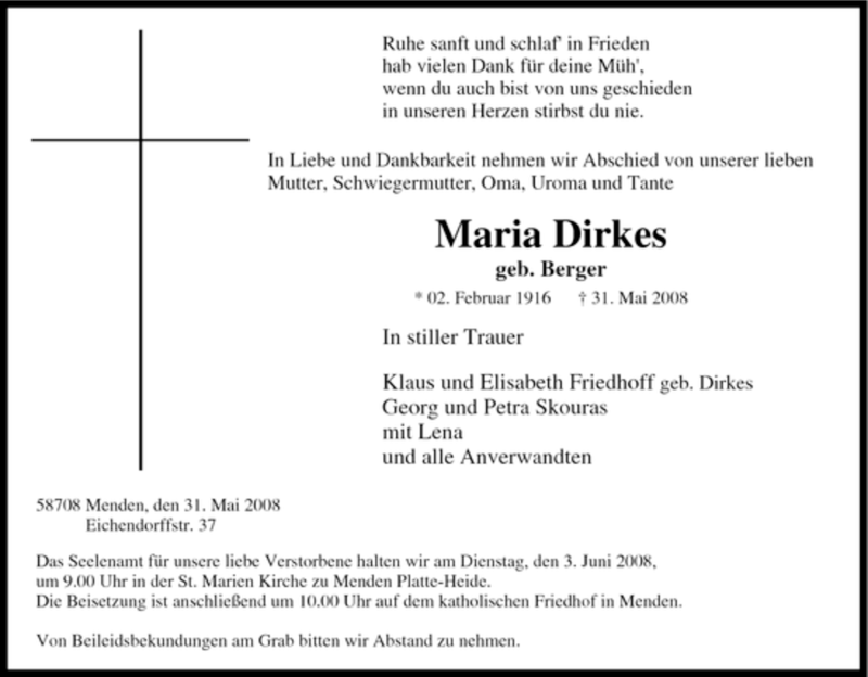  Traueranzeige für Maria Dirkes vom 02.06.2008 aus Tageszeitung