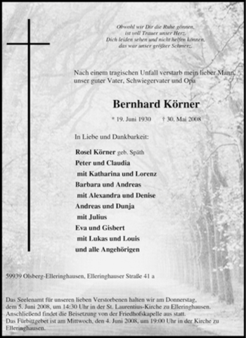 Traueranzeige von Bernhard Körner von Tageszeitung