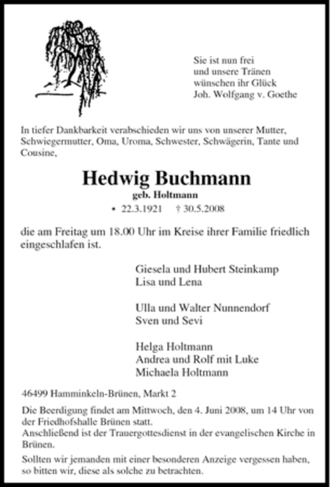  Traueranzeige für Hedwig Buchmann vom 02.06.2008 aus Tageszeitung