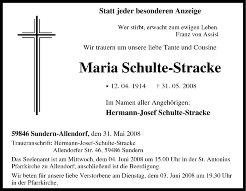  Traueranzeige für Maria Schulte-Stracke vom 03.06.2008 aus Tageszeitung