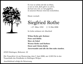 Traueranzeige von Siegfried Rothe von Tageszeitung