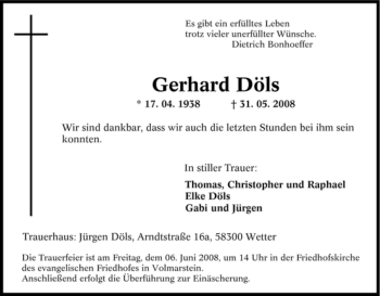 Traueranzeige von Gerhard Döls von Tageszeitung