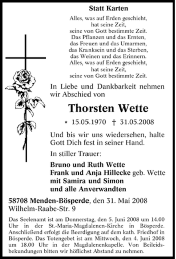 Traueranzeige von Thorsten Wette von Tageszeitung
