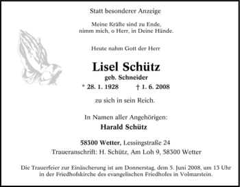Traueranzeige von Lisel Schütz von Tageszeitung