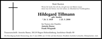Traueranzeige von Hildegard Tillmann von Tageszeitung