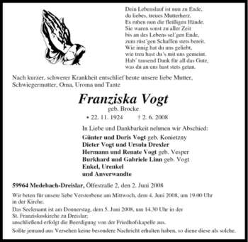 Traueranzeige von Franziska Vogt von Tageszeitung