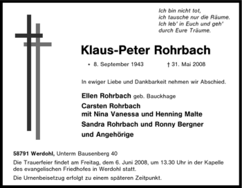 Traueranzeige von Klaus-Peter Rohrbach von Tageszeitung