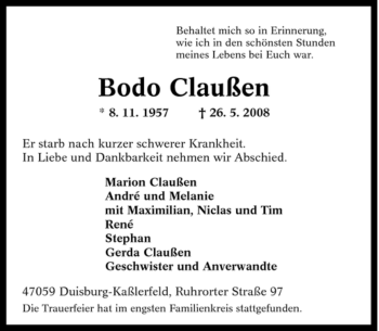 Traueranzeige von Bodo Claußen von Tageszeitung