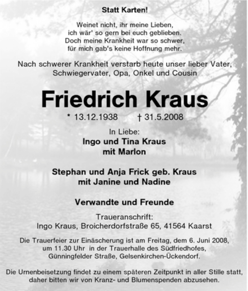  Traueranzeige für Friedrich Kraus vom 03.06.2008 aus Tageszeitung